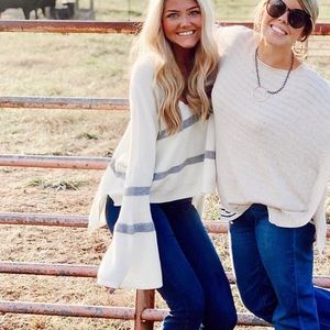 White Sweater with Grey Stripes and Flare Sleeves